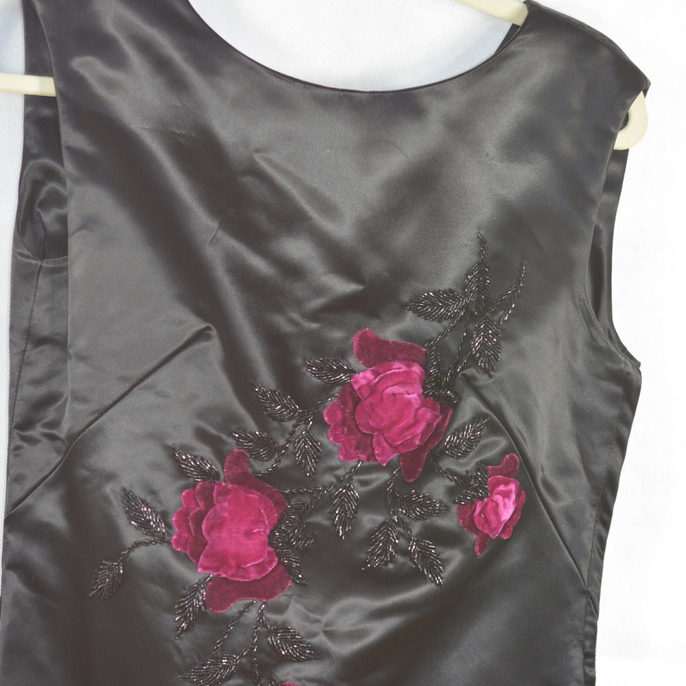 Black Satin Rose Applique Beaded Long Shift Dress SZ S/M